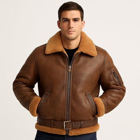 US Wings Mens 2XL Shearling Brown Leather Aviator Bomber Jacket DWCND 30-1415 - Picture 1 of 16